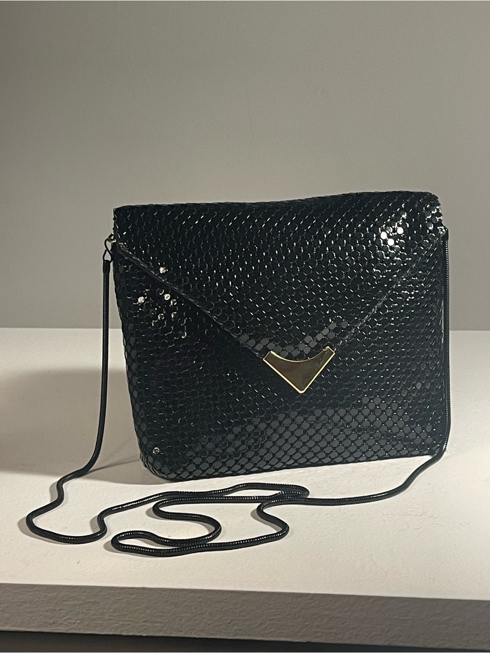 Vintage 80s Black Liquid Metal Mesh Envelope Crossbody Clutch